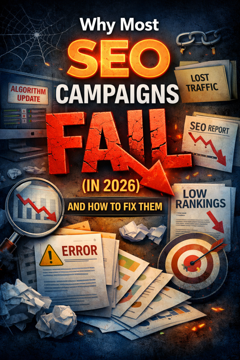 Why Most SEO Campaigns Fail in 2026 infographic showing declining SEO metrics and broken ranking signals